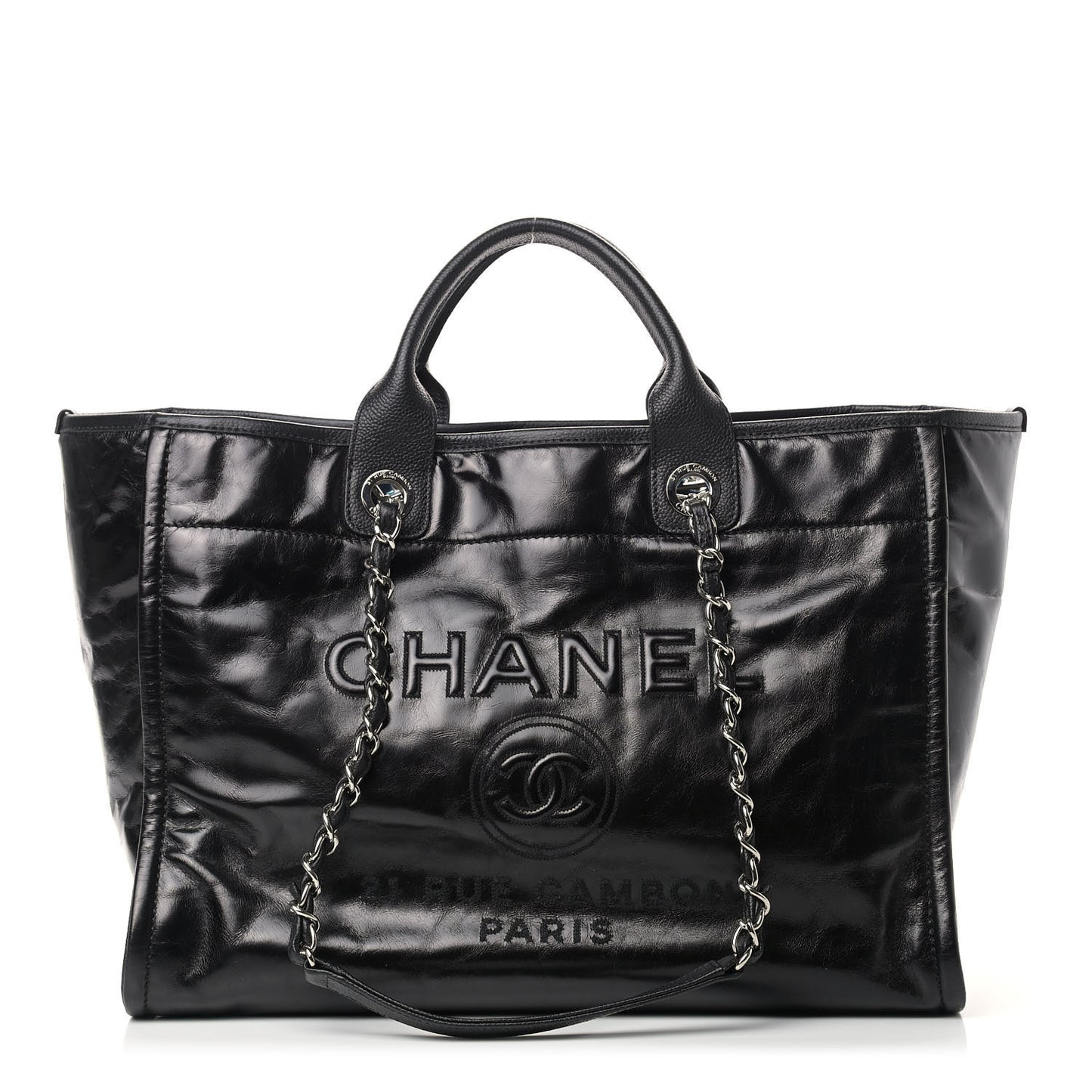 Glazed Calfskin Medium Deauville Tote Black
