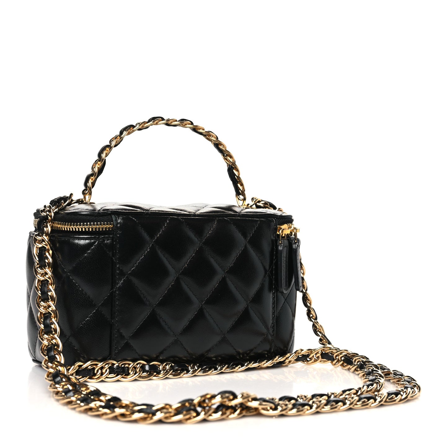 Lambskin Quilted Golden Links Top Handle Vanity Case With Chain Black