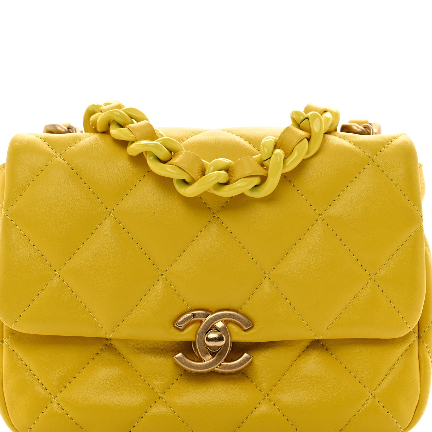 Lambskin Quilted Mini Lacquered Chain Flap Yellow