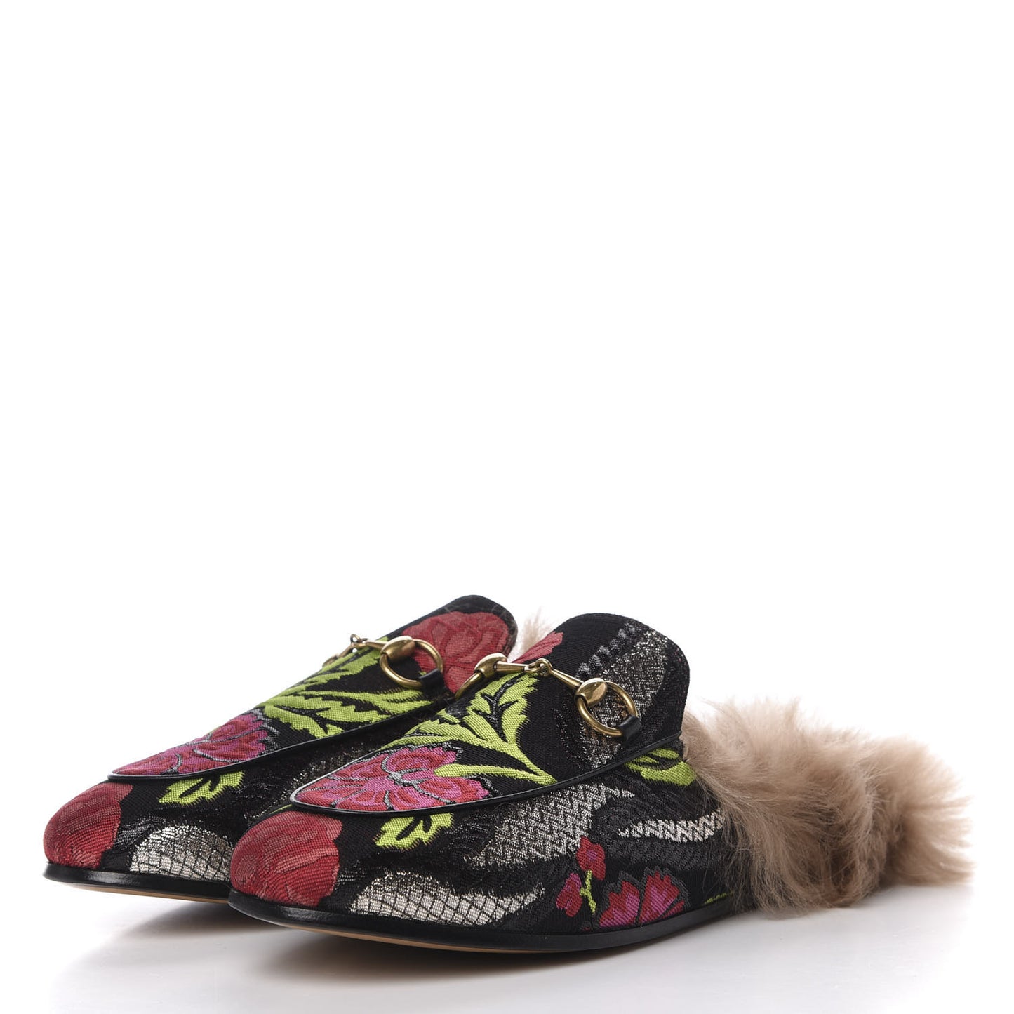 Brocade Fur Floral Womens Princetown Slippers 37 Black Anthracite