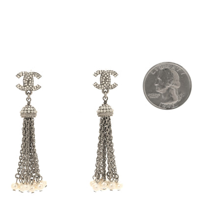 Chanel Pearl Crystal CC Drop Earrings Silver 2 of 5