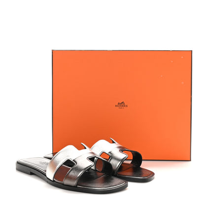 Hermes Metallic Nappa Box Oran Sandals 37 Canon De Fusil Argent 9 of 9