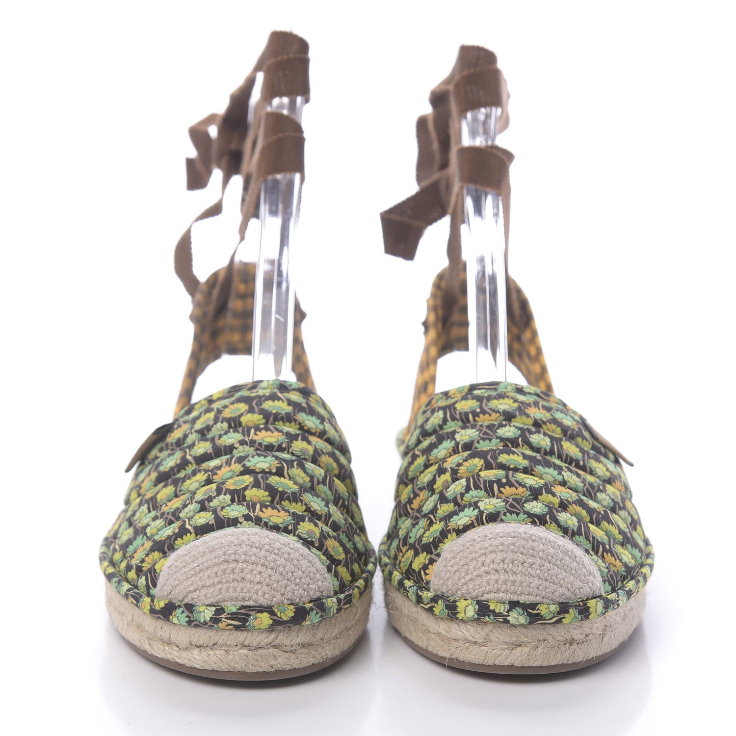 Fendi Canvas Quilted Floral Print Gingham Ankle Wrap Flat Espadrilles 37 Multicolor 2 of 7