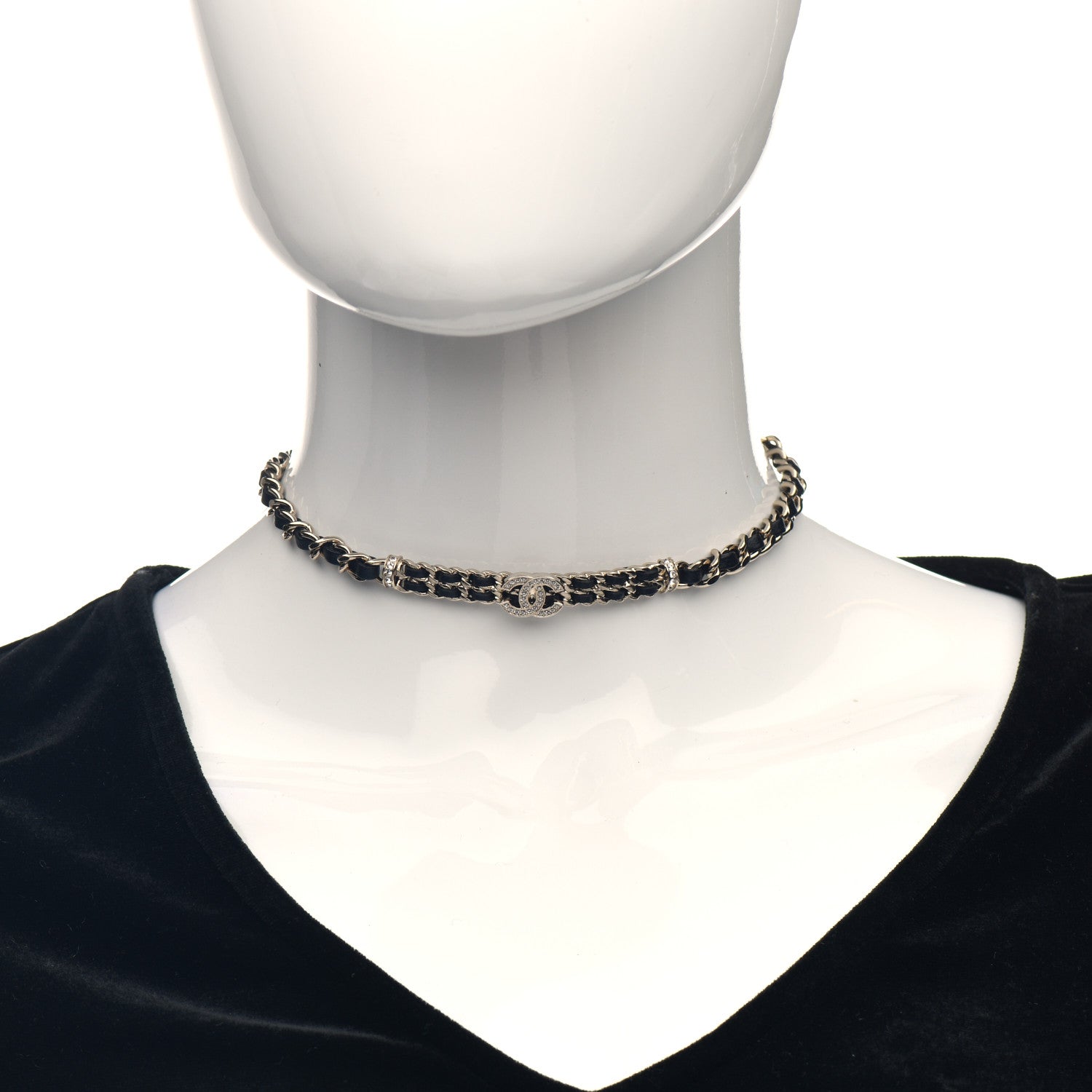 Chanel Metal Lambskin Crystal CC Choker Necklace Black Gold 2 of 4