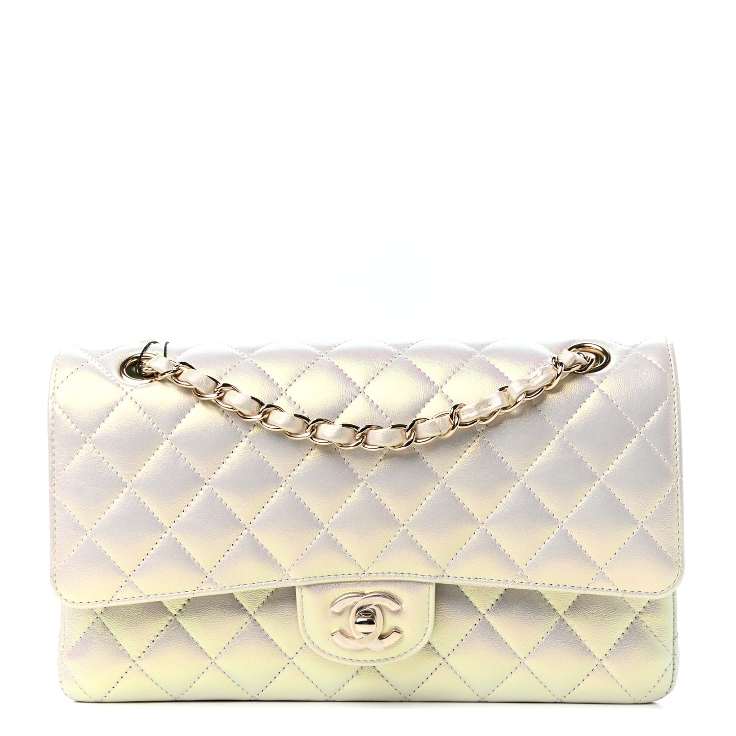 Iridescent Lambskin Quilted Medium Double Flap Ivory