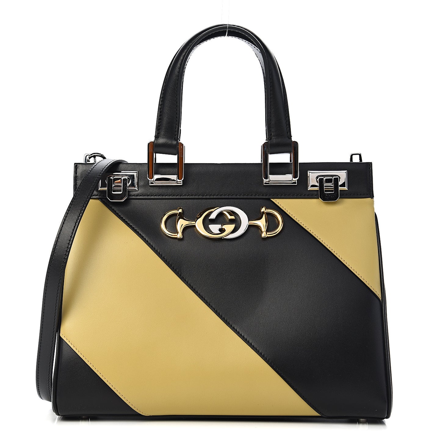 Smooth Calfskin Diagonal Striped Small Zumi Top Handle Bag Black Beige