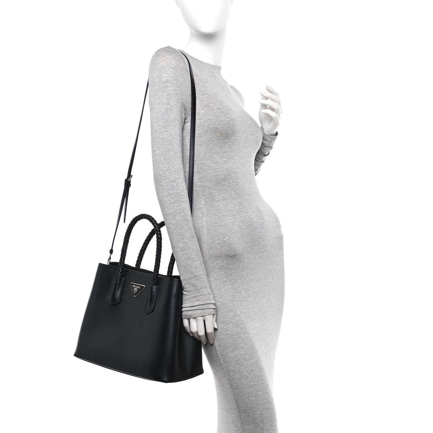 Prada City Calfskin Braided Medium Double Bag Black 2 of 9
