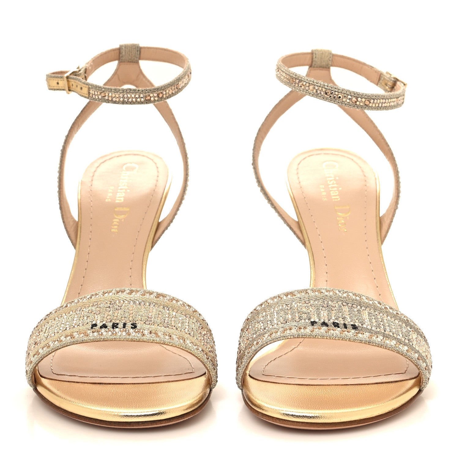 Christian Dior Cotton Strass Embroidered Dway Heeled Sandals 37 Gold 2 of 9