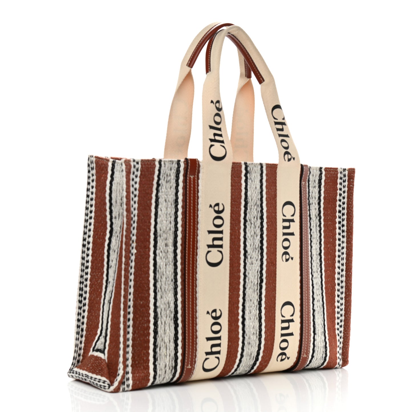Woven Linen Large Woody Striped Ribbon Tote Sepia Brown