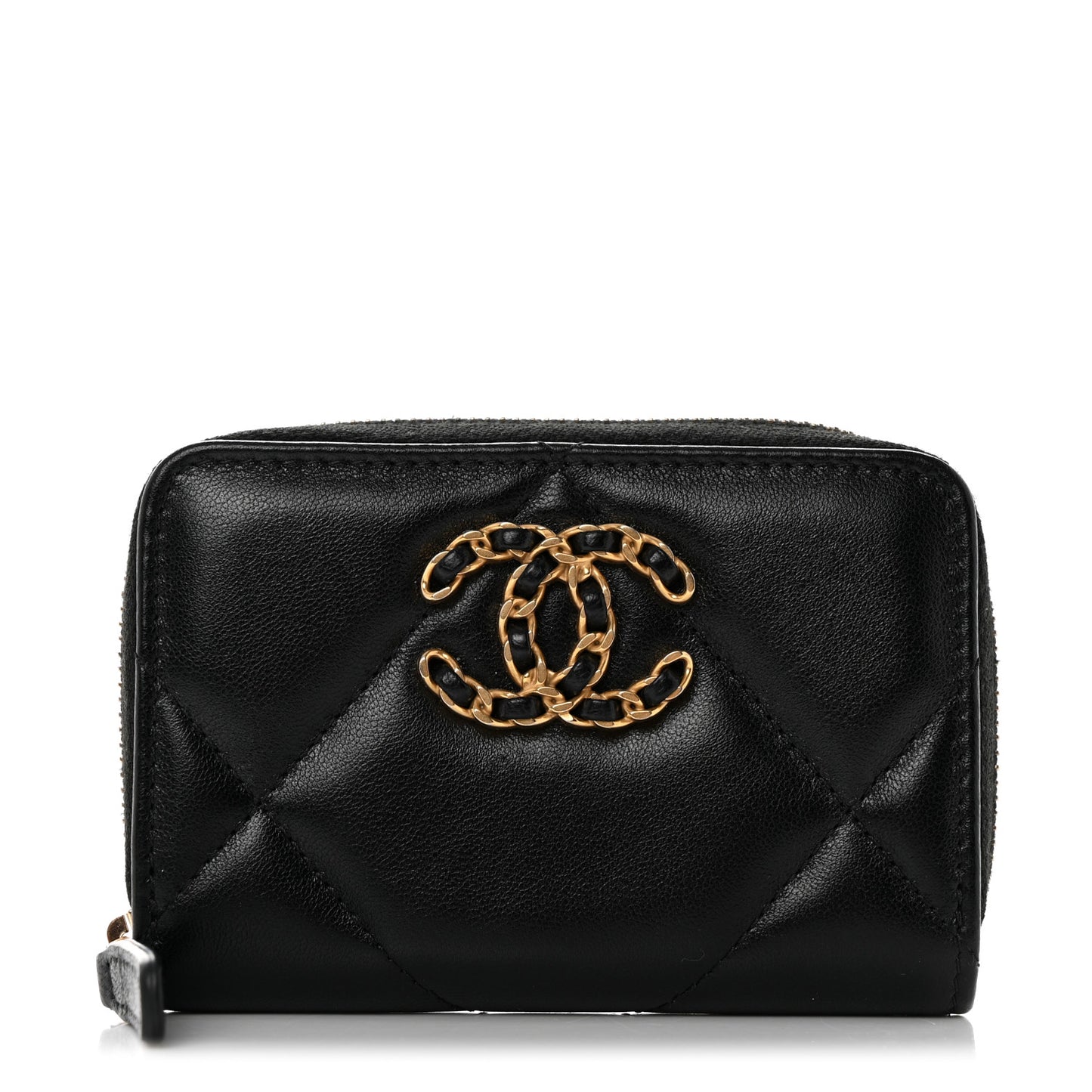 Lambskin Quilted Chanel 19 Zip Around Coin Purse Wallet Black