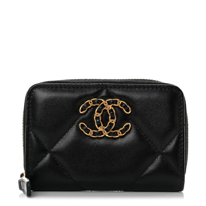Chanel Lambskin Quilted Chanel 19 Zip Around Coin Purse Wallet Black 1 of 8
