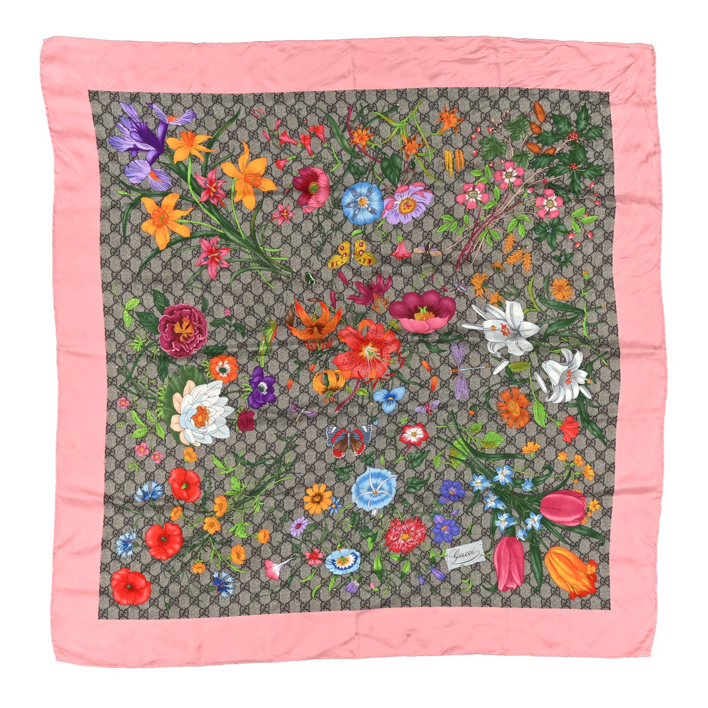 Silk Twill GG Monogram Special Florio Square Scarf Beige Pink