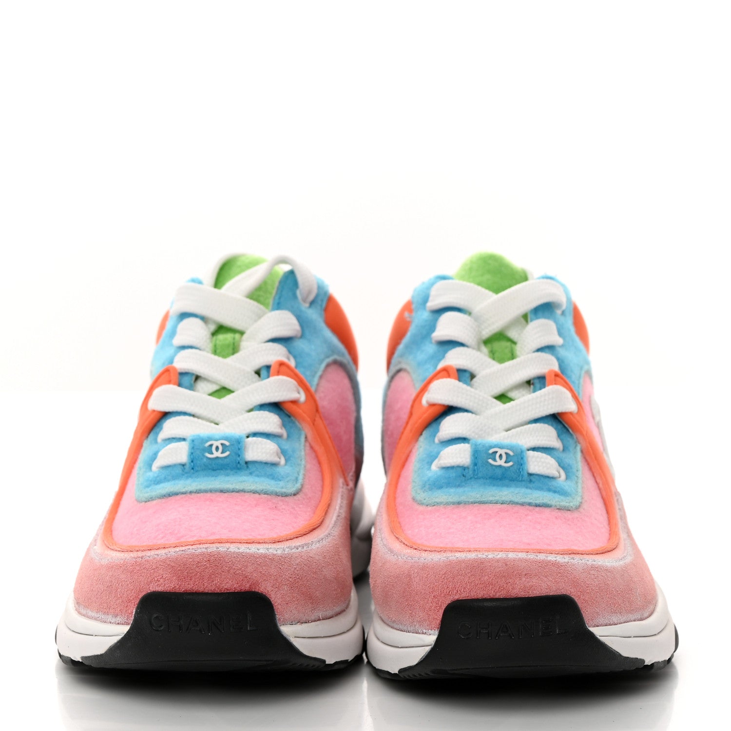 Chanel Nylon Lambskin Suede Calfskin CC Sneakers 37 Coral Light Blue White 2 of 9