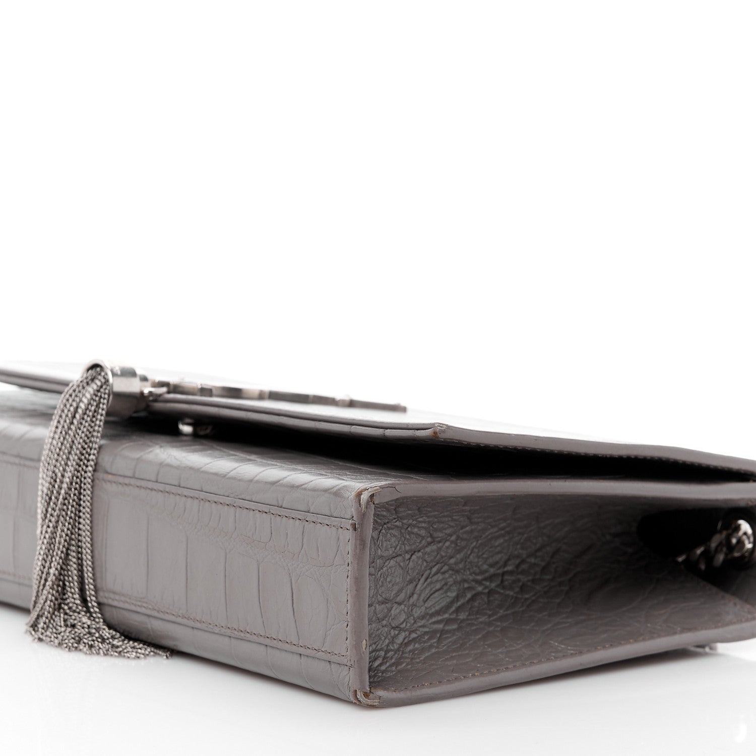 Saint Laurent SAINT LAURENT Calfskin Crocodile Embossed Medium Classic Monogram Kate Tassel Satchel Fog 11 of 13