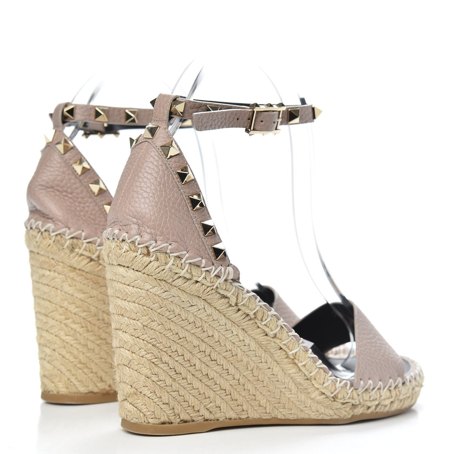Grained Calfskin Rockstud Ankle Strap Espadrille 15/105mm Wedge Sandals 37 Poudre Natural
