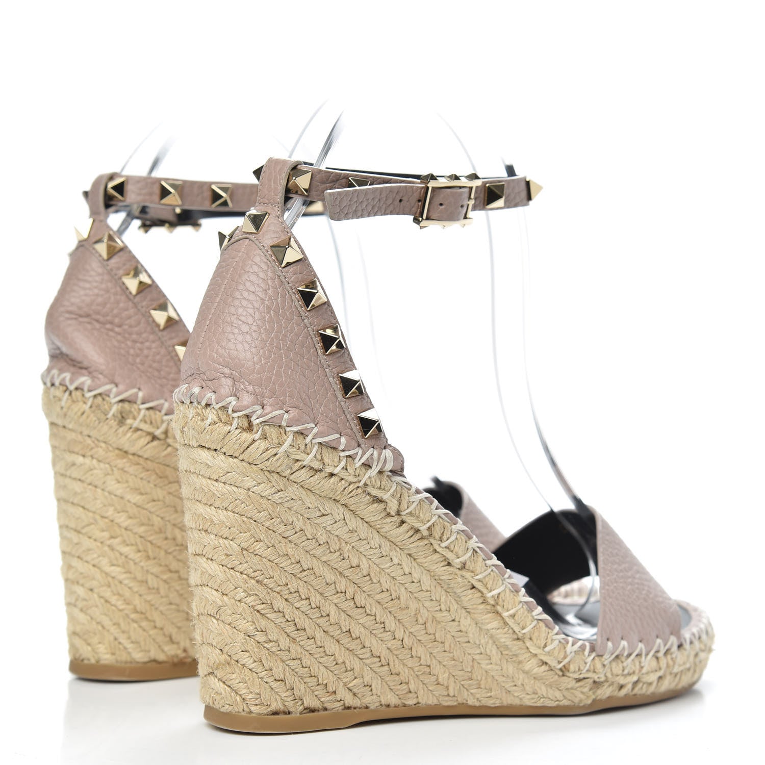 Valentino Garavani Grained Calfskin Rockstud Ankle Strap Espadrille 15/105mm Wedge Sandals 37 Poudre Natural 4 of 8