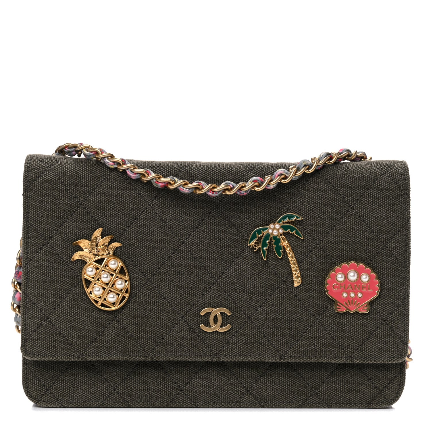 Chanel Canvas Quilted Coco Cuba Charms Wallet On Chain WOC Khaki 1 of 13