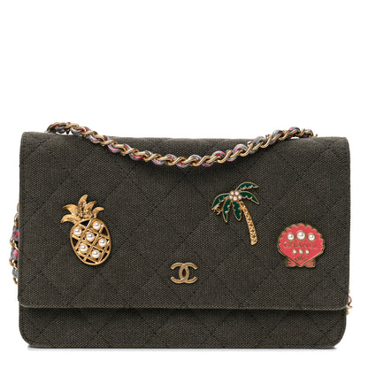 Chanel Canvas Quilted Coco Cuba Charms Wallet On Chain WOC Khaki 1 of 13