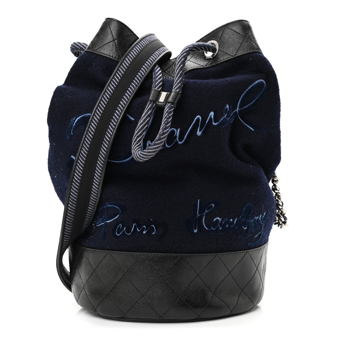 Wool Calfskin Embroidered Drawstring Backpack Navy Blue