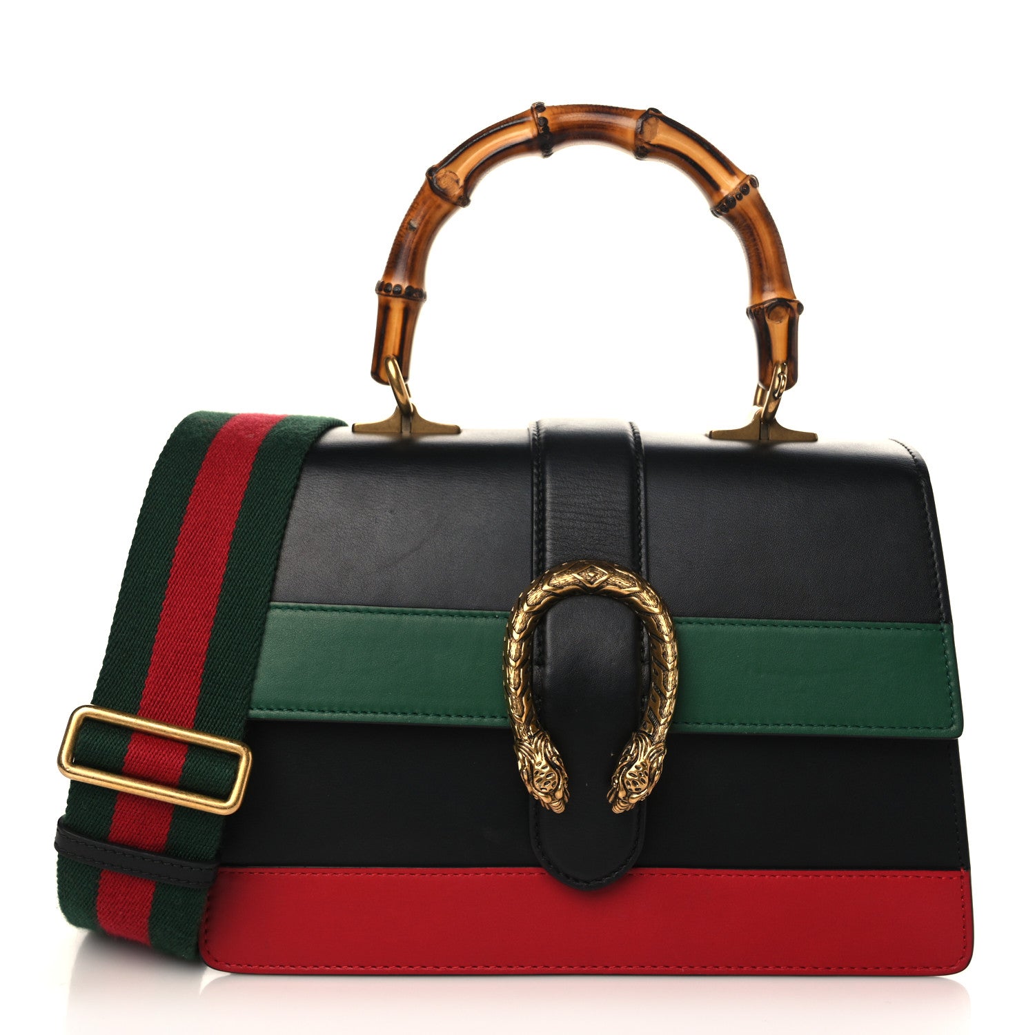 Gucci Moon Calfskin Web Medium Dionysus Bamboo Top Handle Bag Black Bright Evergreen Hibiscus Red 1 of 9