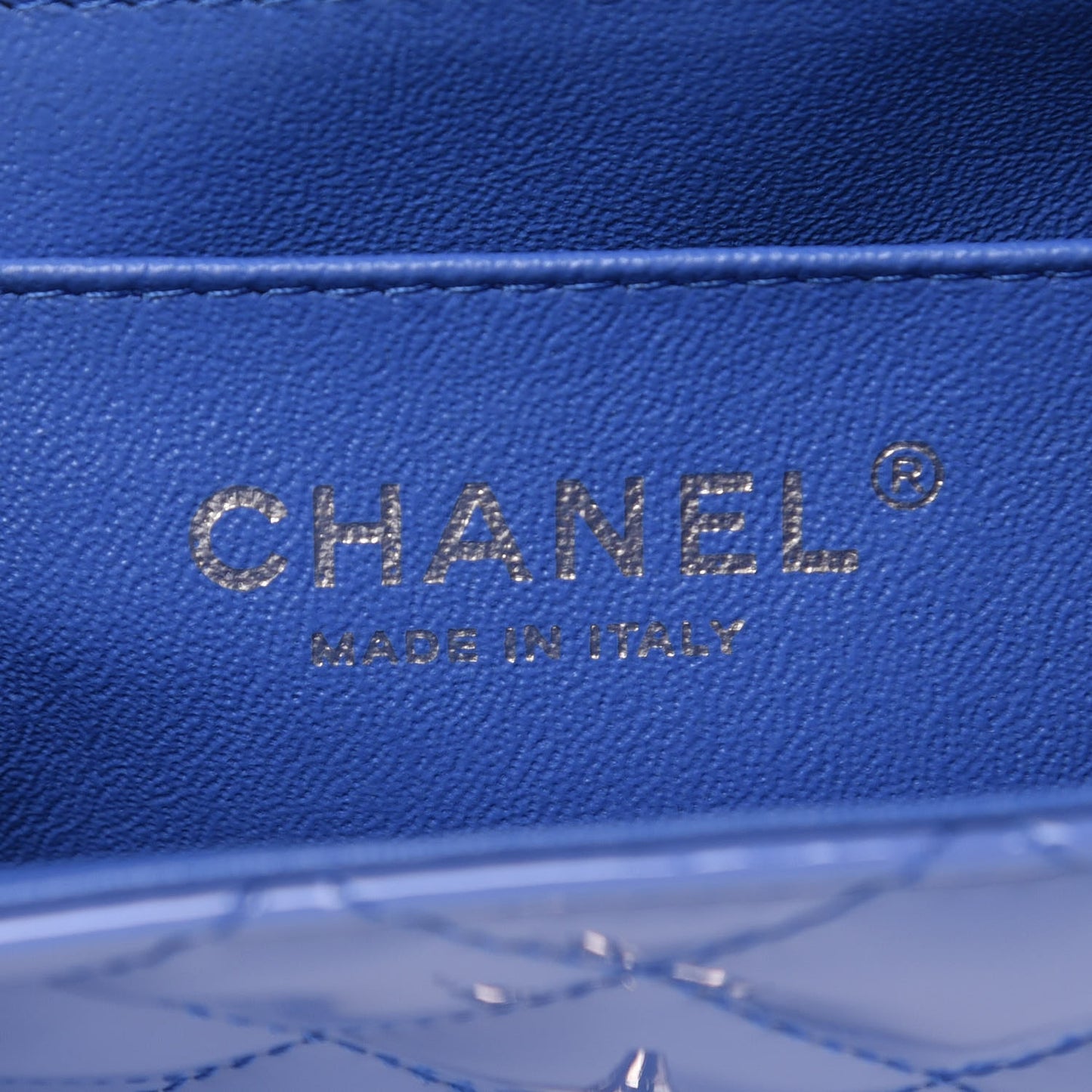 Patent Calfskin Quilted Mini Rectangular Flap Blue