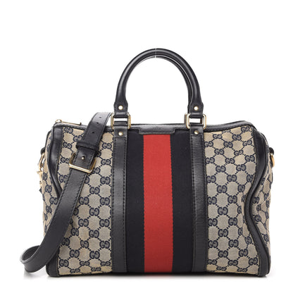 Gucci Monogram Selleria Calfskin Vintage Web Medium Boston Beige Blue 1 of 17