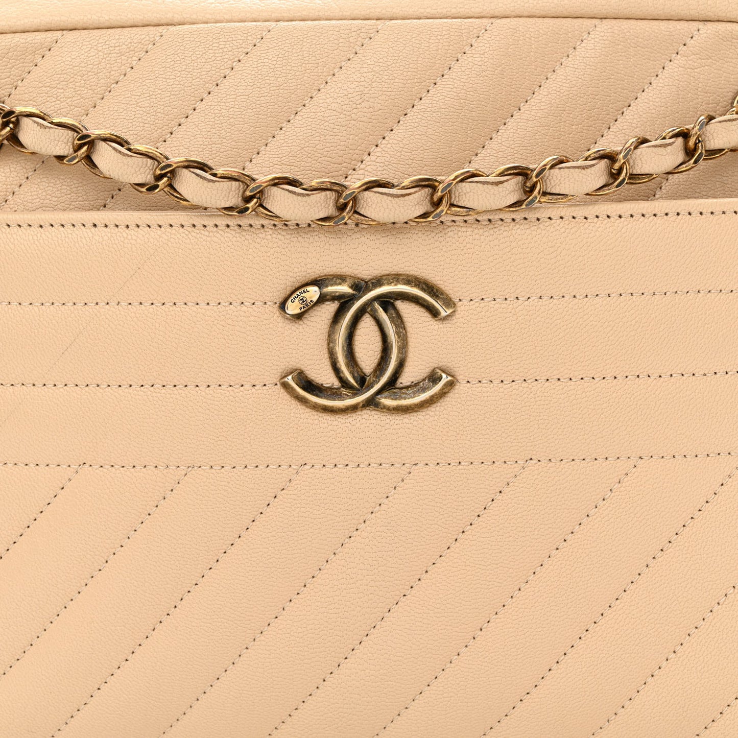 Shiny Goatskin Diagonal Quilted Camera Bag Beige