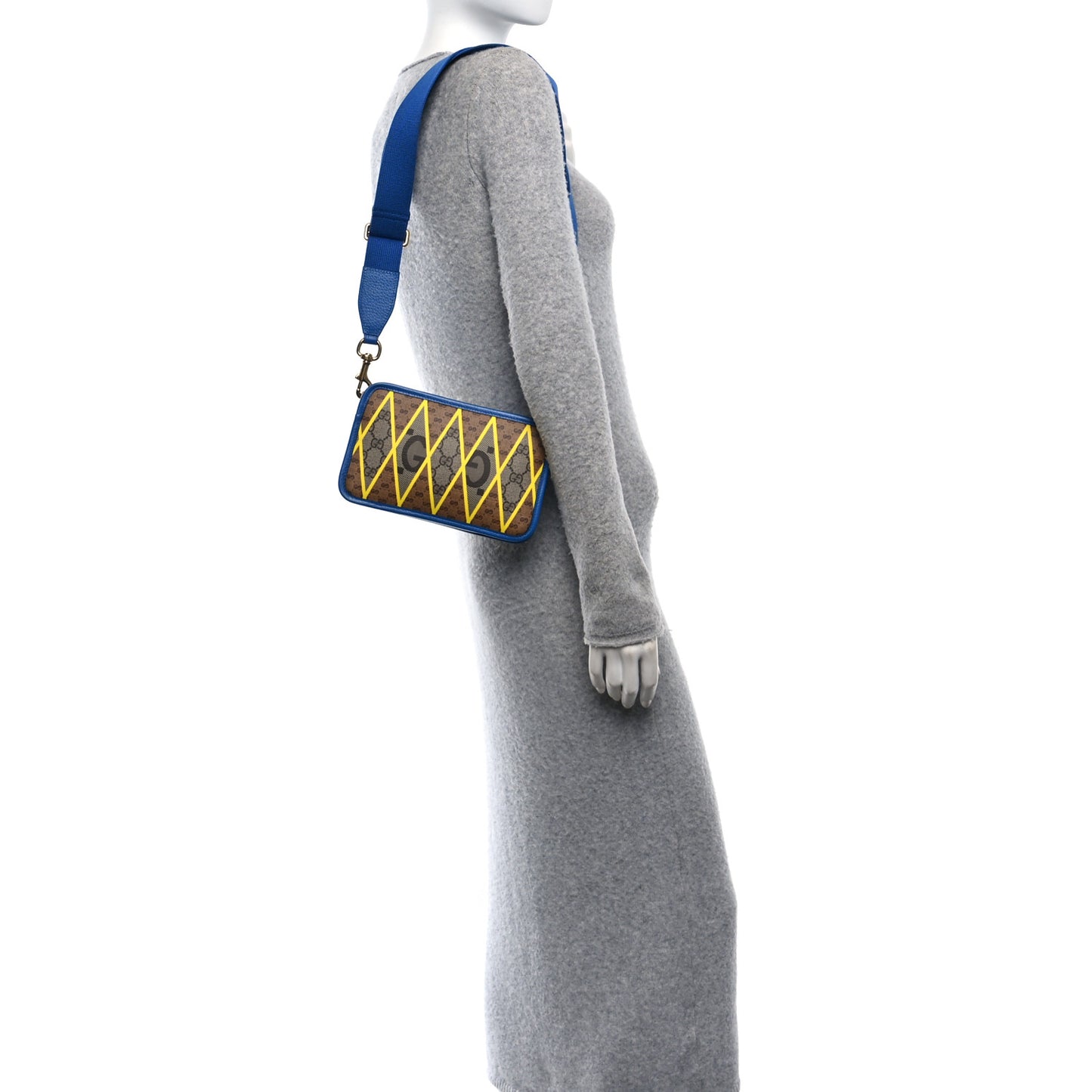 GG Supreme Monogram Mix Textured Dollar Calfskin Rhombus Inlay Crossbody Bag Beige Ebony Harvest Joy Blue