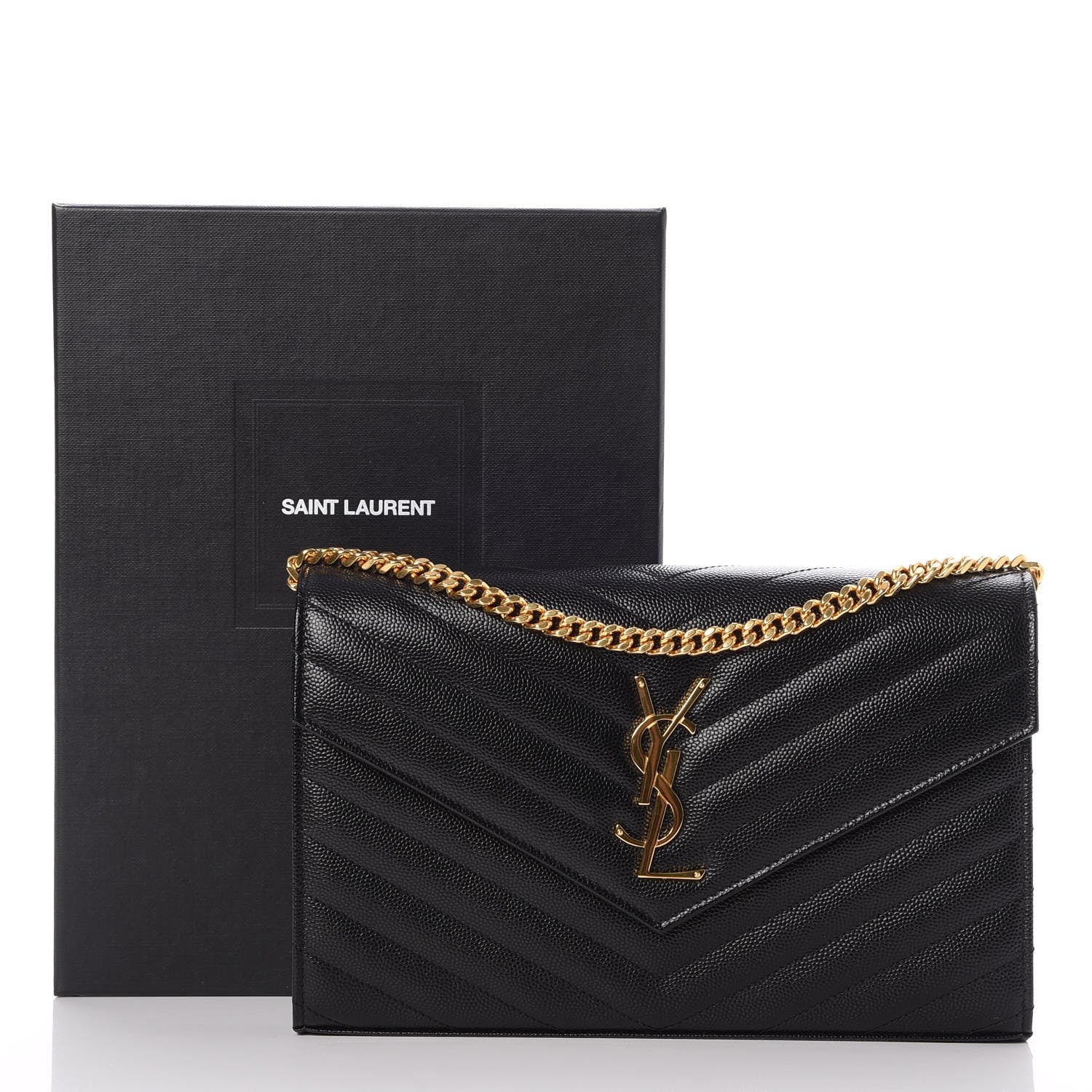Saint Laurent Grain De Poudre Matelasse Chevron Monogram Chain Wallet Black 7 of 7