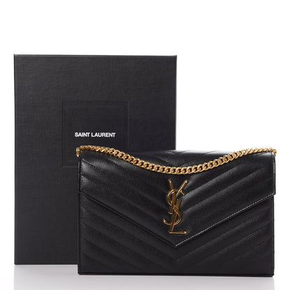 Saint Laurent Grain De Poudre Matelasse Chevron Monogram Chain Wallet Black 7 of 7