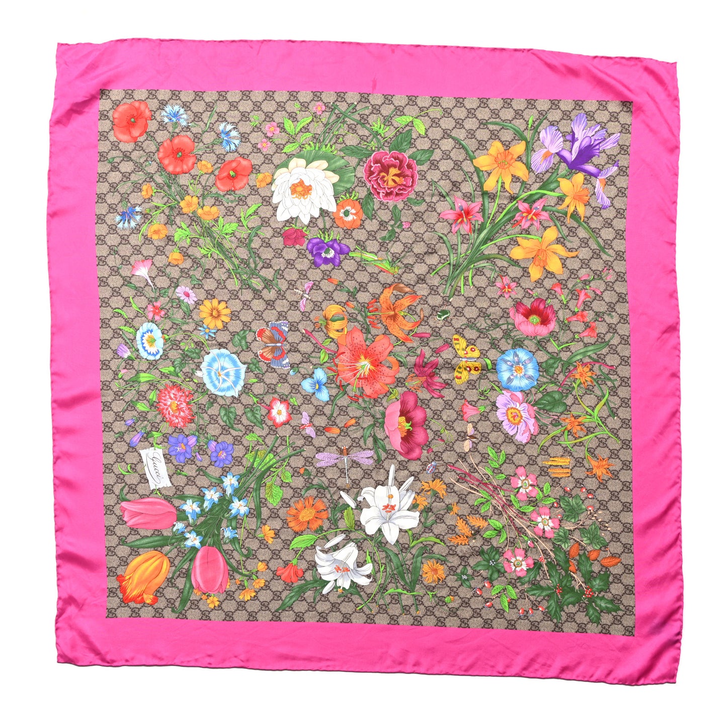 Silk Twill GG Monogram Flora Fluo GG Square Scarf Beige Pink