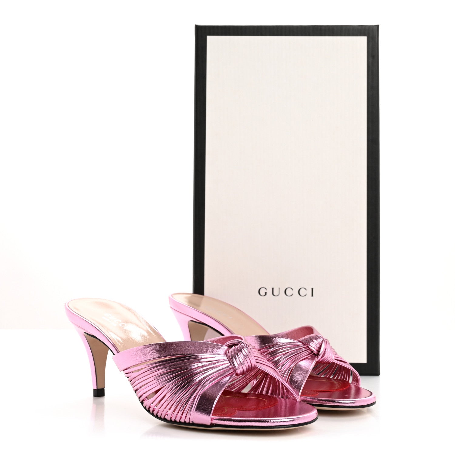 Gucci Metallic Nappa Crawford Knot Mid Heel Slide Sandals 37 Rosa 9 of 9