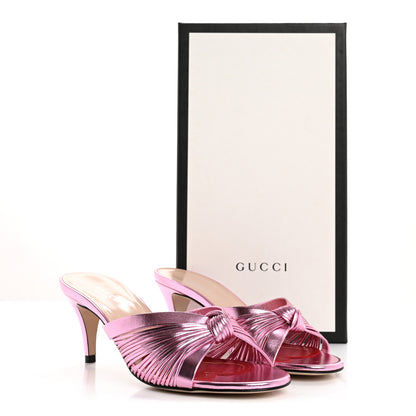 Gucci Metallic Nappa Crawford Knot Mid Heel Slide Sandals 37 Rosa 9 of 9