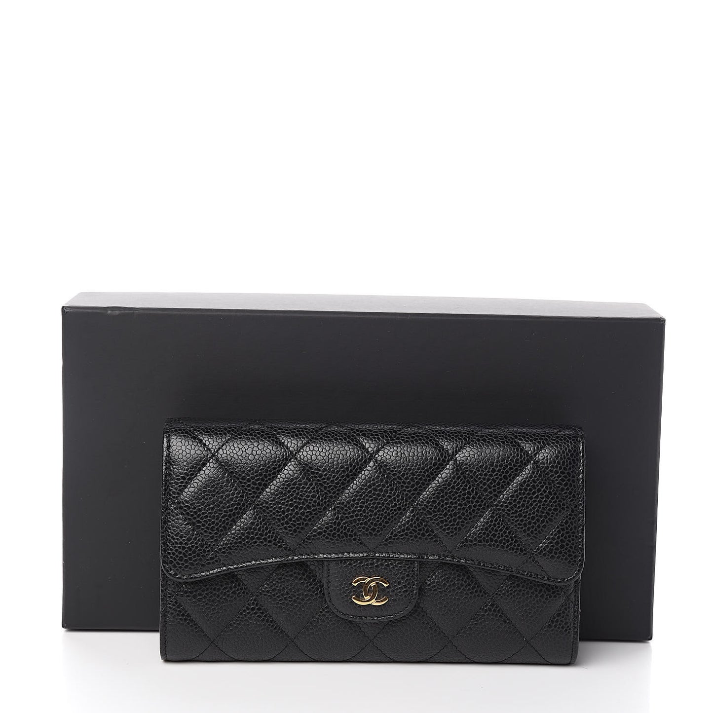 Caviar Quilted Long Flap Wallet Black