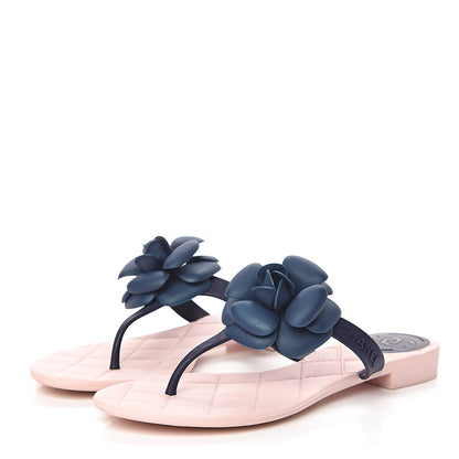 Chanel Jelly Camellia Thong Sandals 38 Navy Pink 4 of 10