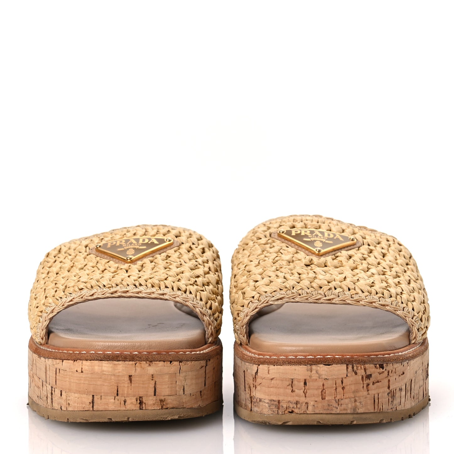 Raffia Cork Metal Triangle Logo Woven Flatform Slide Sandals 38 Naturale