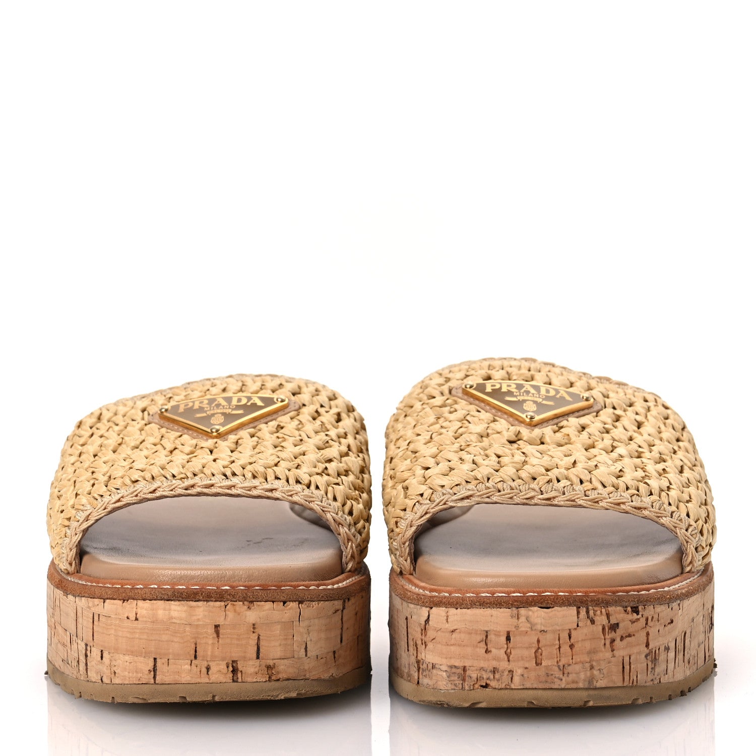 Prada Raffia Cork Metal Triangle Logo Woven Flatform Slide Sandals 38 Naturale 3 of 12