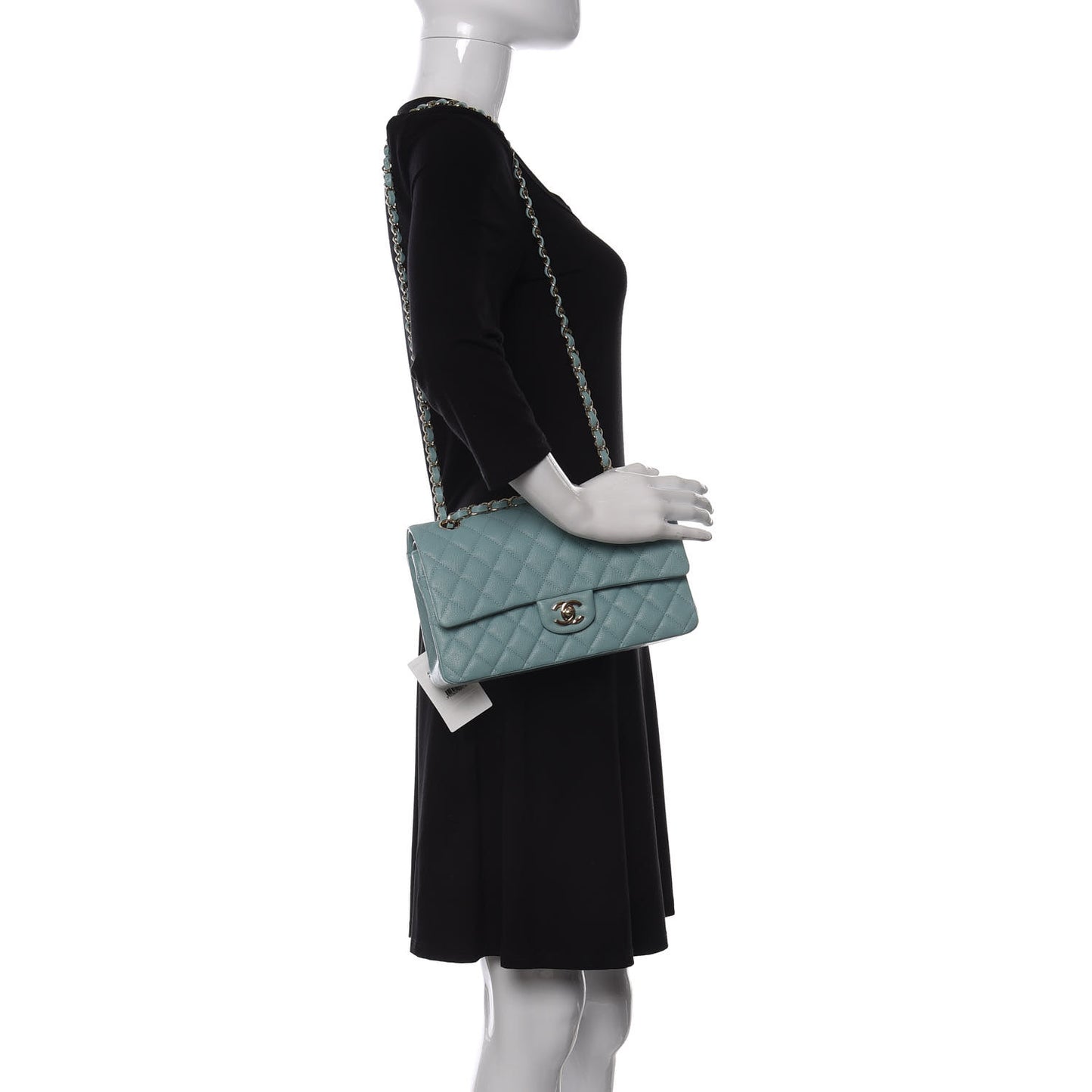 Caviar Quilted Medium Double Flap Light Blue