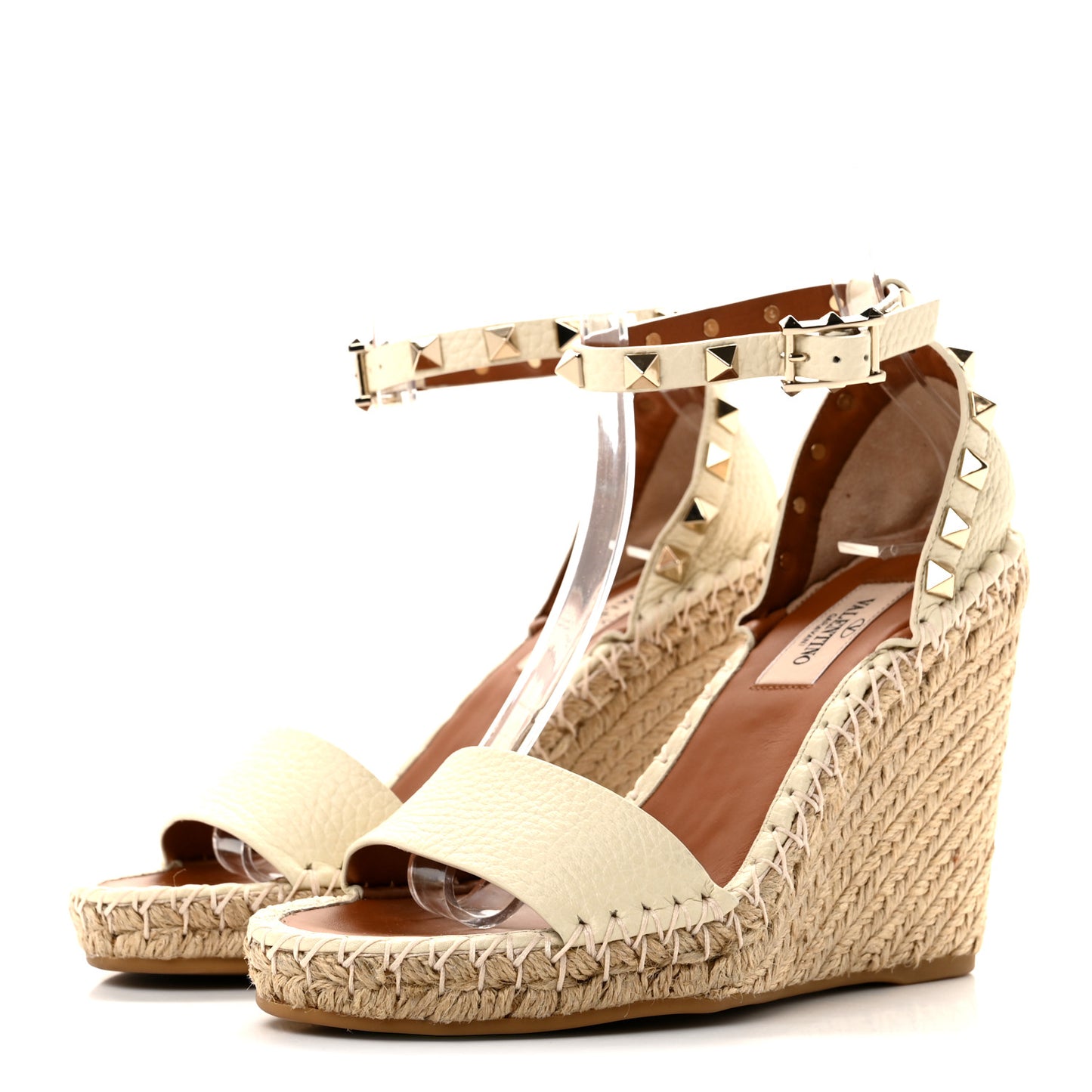 Grained Calfskin Rockstud Ankle Strap Espadrille 15/105mm Wedge Sandals 35 Light Ivory Natural