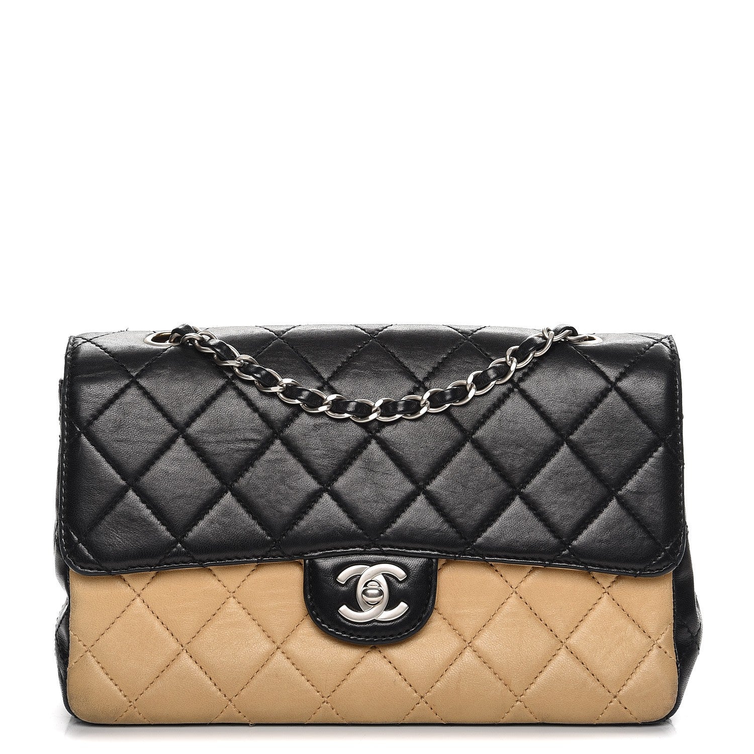 Chanel Lambskin Quilted Bi-Color Medium Single Flap Black Beige 1 of 12