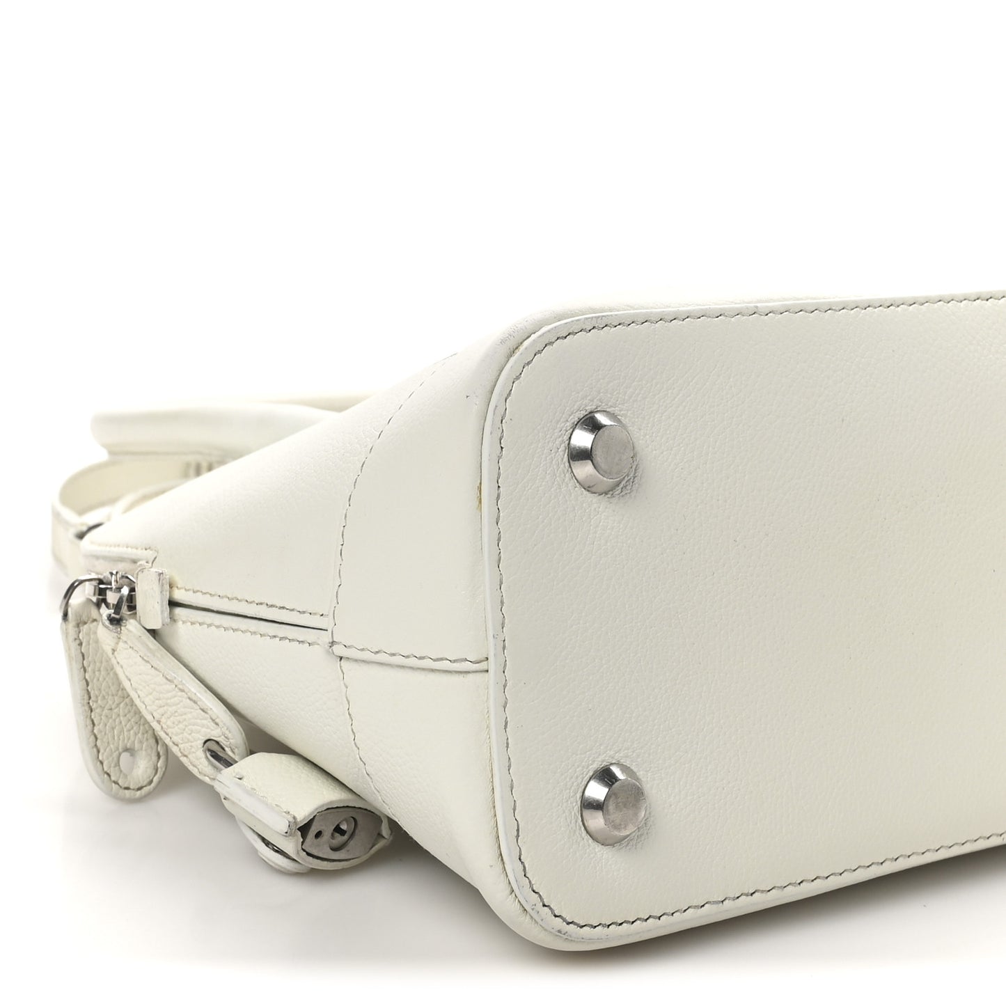 Signature Grained Calfskin Logo S Ville Top Handle Bag White Black