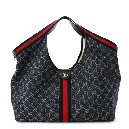 Gucci Denim GG Monogram Web Large Giglio Tote Blue 3 of 11