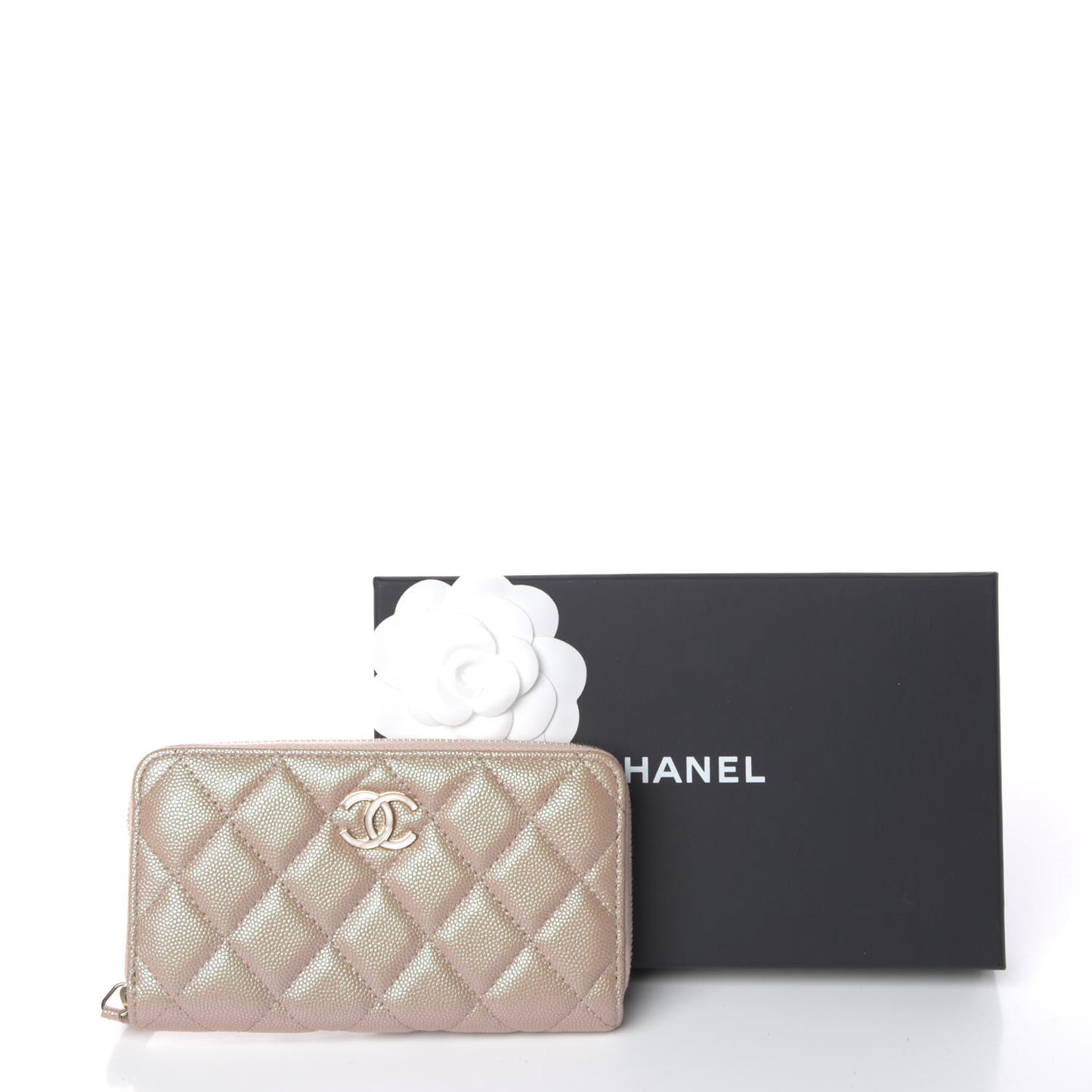 Iridescent Caviar Quilted Medium Zip Around Wallet Beige