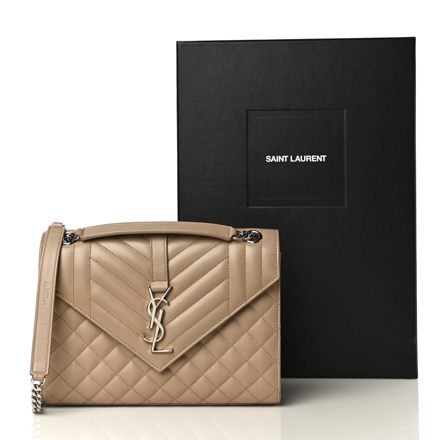 Saint Laurent Grain De Poudre Textured Mixed Matelasse Medium Triquilt Monogram Satchel Dark Beige 11 of 11