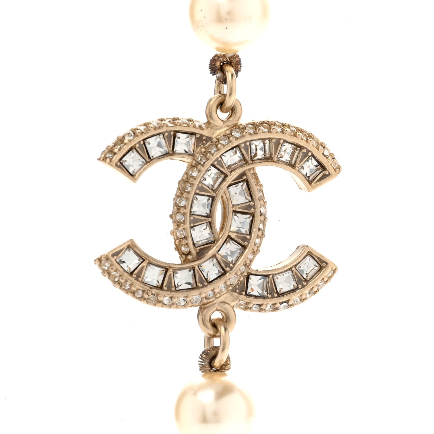 Pearl Baguette Crystal Long CC Necklace Gold