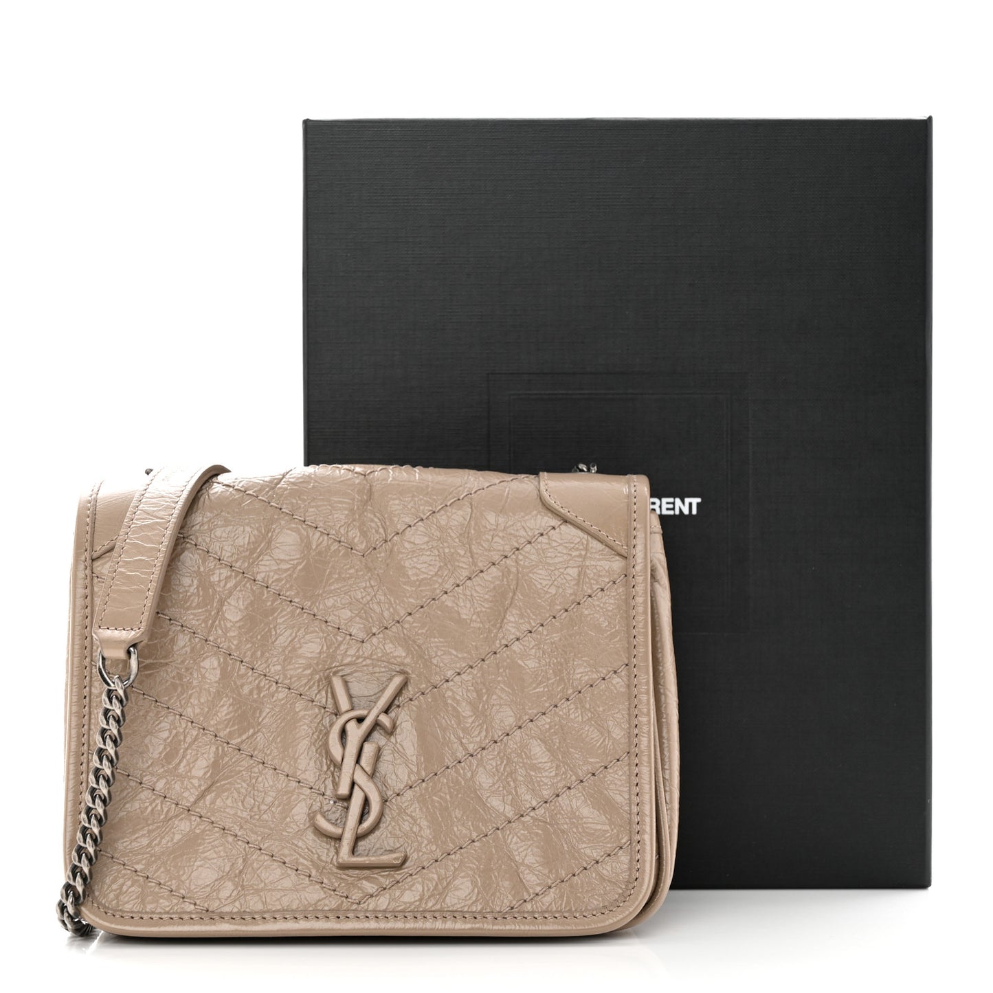 Crinkled Calfskin Matelasse Monogram Niki Chain Wallet Dusty Grey