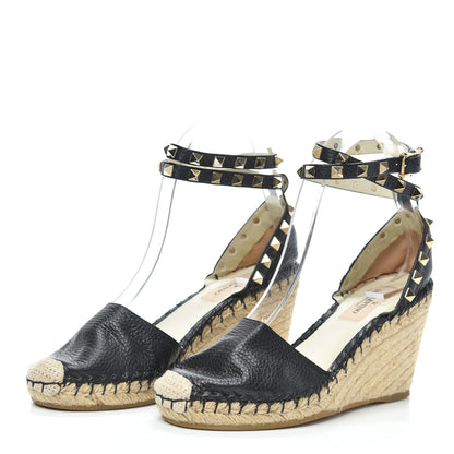 Valentino Garavani Grained Calfskin Rockstud Ankle Wrap Espadrille 15/85mm Wedges 35 Black Light Ivory 3 of 6
