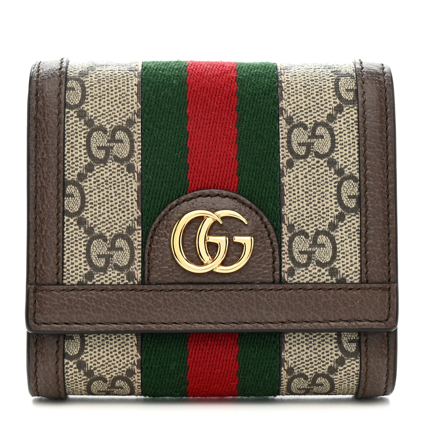 GG Supreme Monogram Textured Calfskin Web Ophidia Card Case Wallet Beige Ebony New Acero