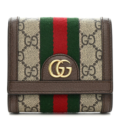 Gucci GG Supreme Monogram Textured Calfskin Web Ophidia Card Case Wallet Beige Ebony New Acero 1 of 7