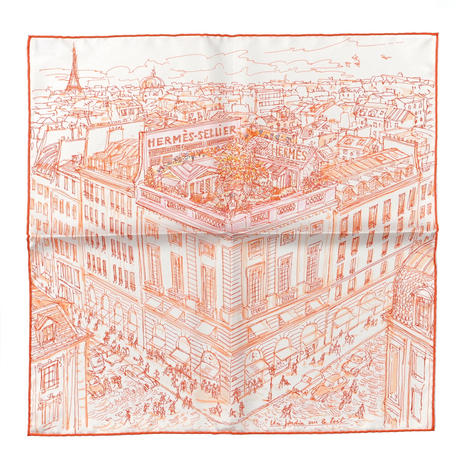 Hermes Silk Un Jardin Sur Le Toit Pocket Square White Orange Coral 1 of 3